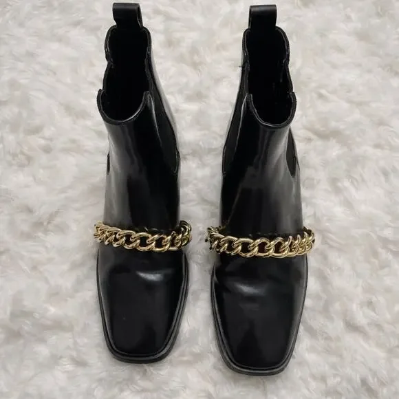 JEFFREY CAMPBELL Emrys Chelsea Boots Black High Shine Leather Gold Chain Size 6 - Picture 4 of 10